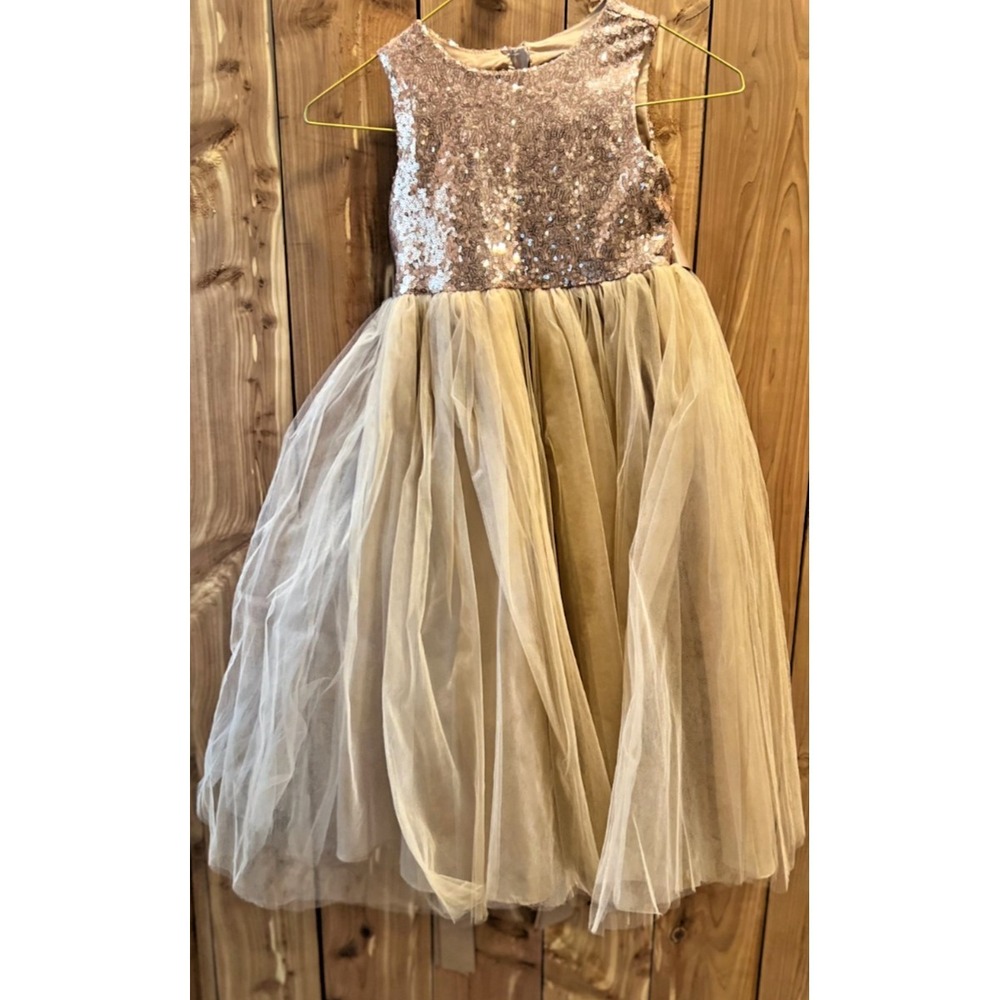 Girls Gold Sequin Tulle Dress Formal Party Wedding Flower Girl Princess size 4